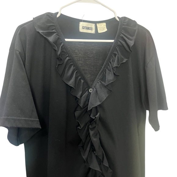 GITANO Black Ruffle Blouse Short Sleeve Shirt Casual Button Down size Large - Picture 2 of 7